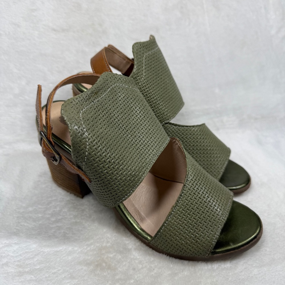 Eric Michael Olive Green Leather Textured‎ Block Heel Slingback Sandals Spain 9